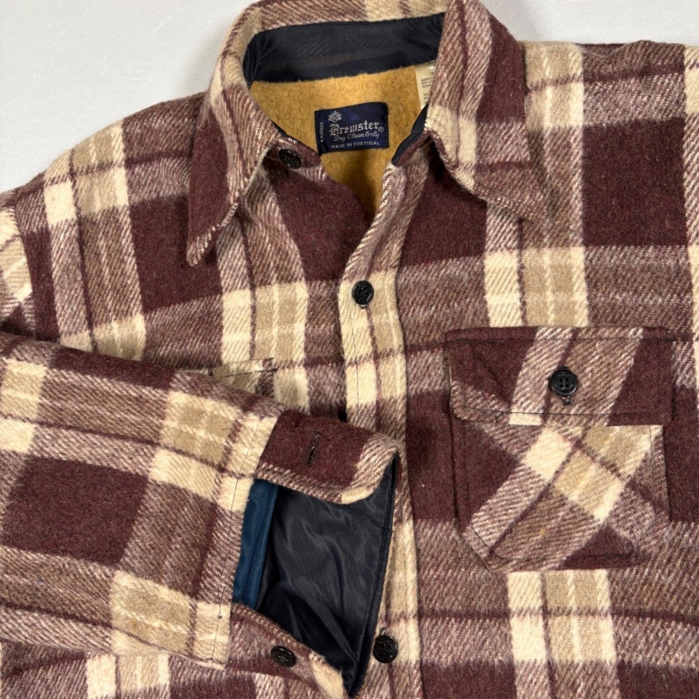 Brewster Wool Linen Shacket Mens M Plaid Brown Pile Lined CPO Flannel Vtg 70